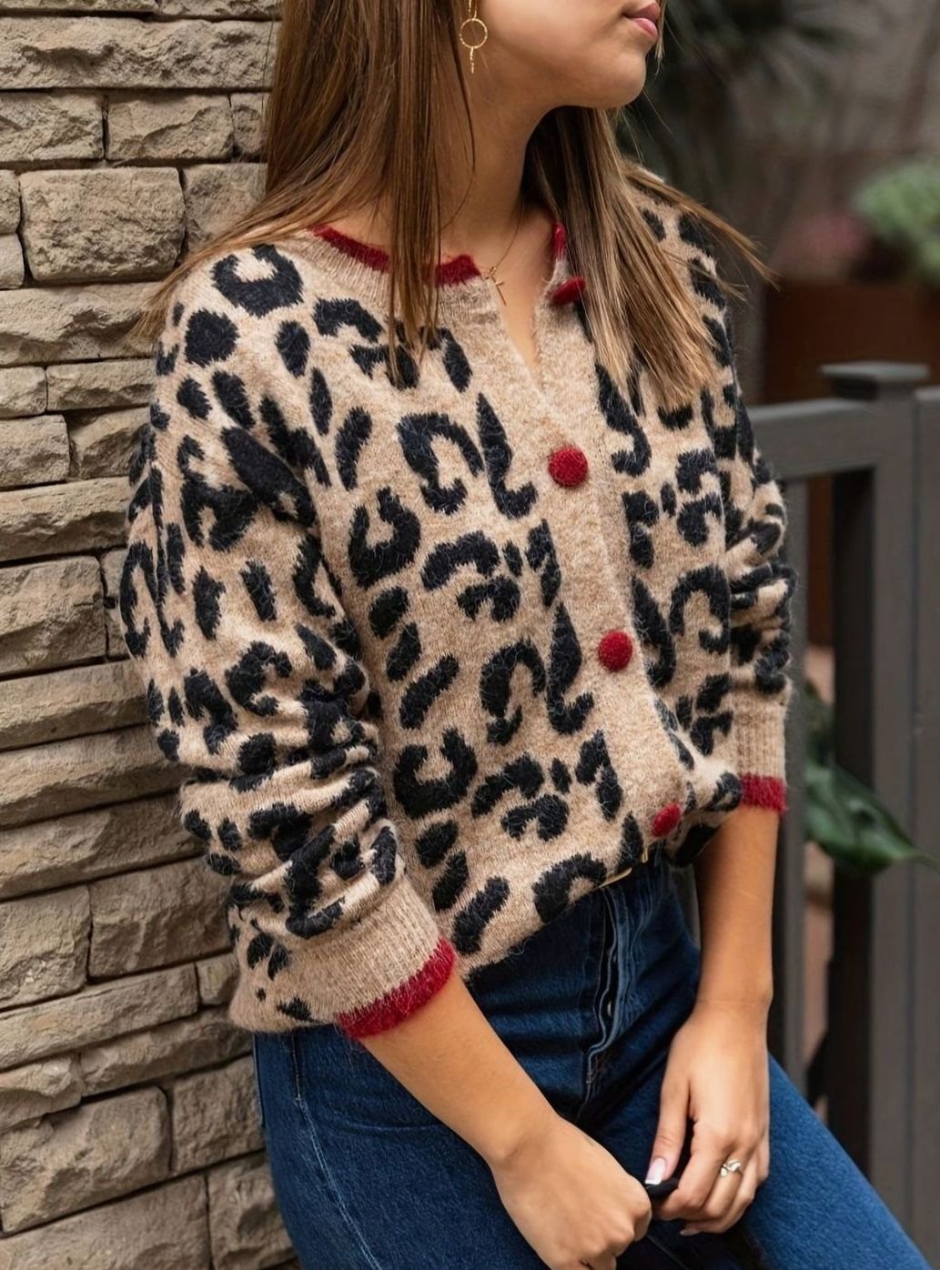 Women's Leopard Print Oversized Knit Cardigan Button-Up
