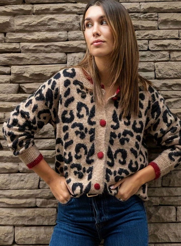 Women's Leopard Print Oversized Knit Cardigan Button-Up