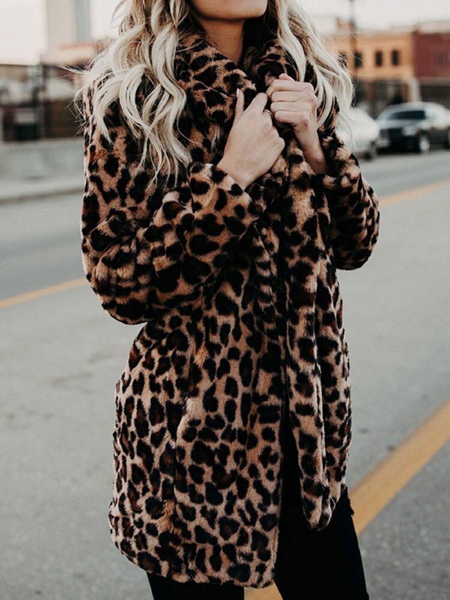 Women's Leopard Print Relaxed-Fit Faux Fur Coat