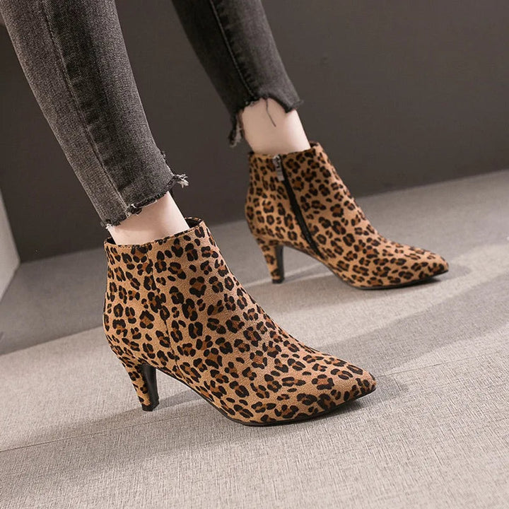 Women's Leopard Print Stiletto Ankle Heeled Boots Pointed Toe