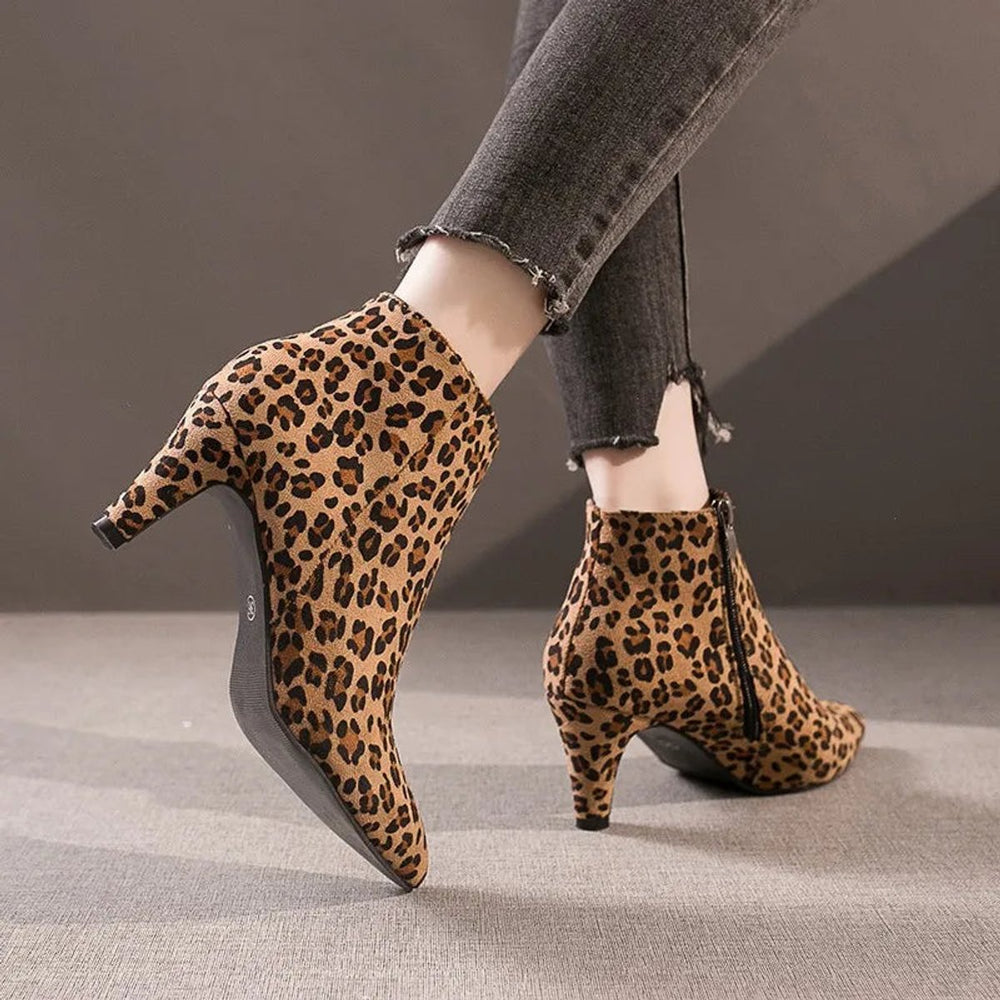 Women's Leopard Print Stiletto Ankle Heeled Boots Pointed Toe