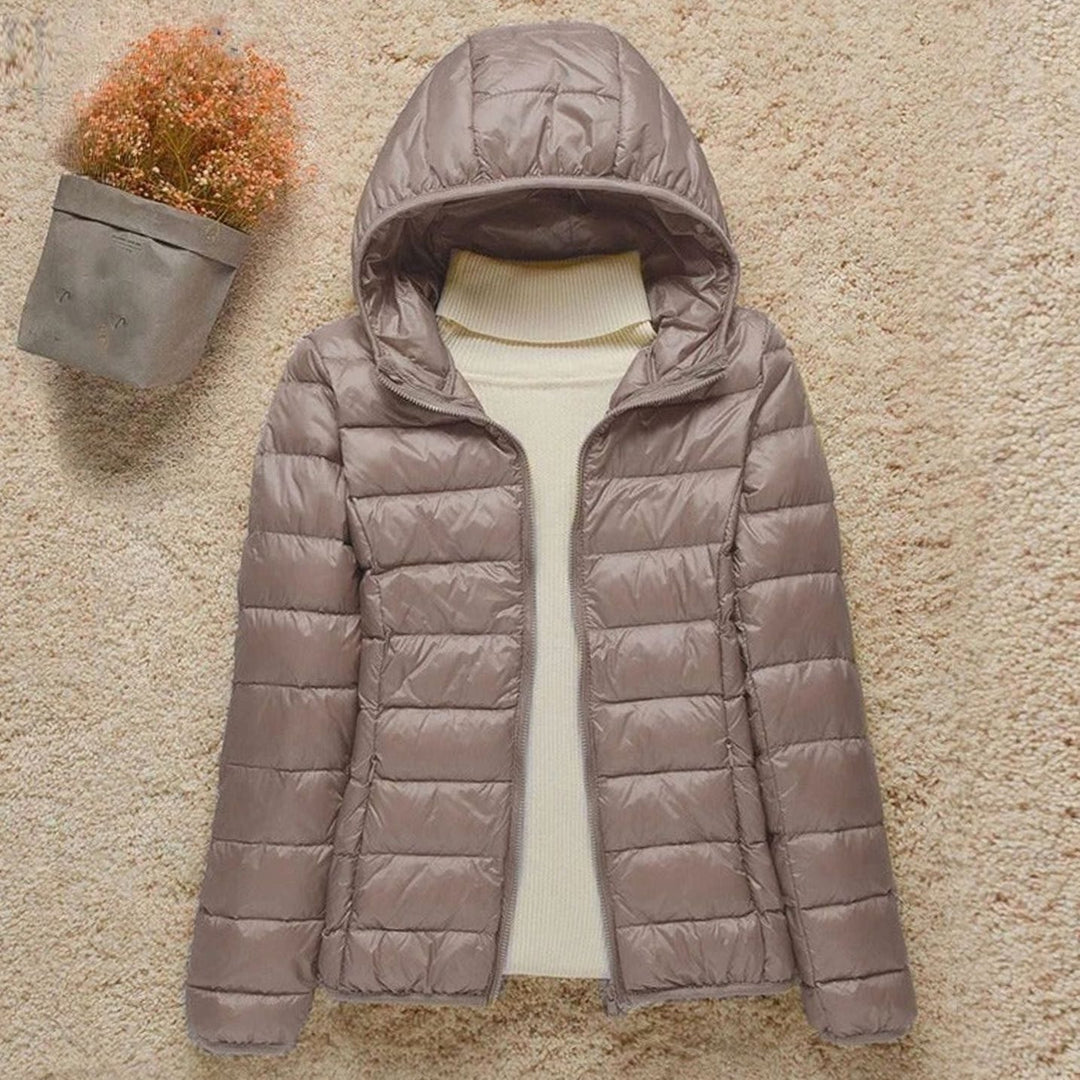 Women's Lightweight Hooded Down Puffer Jacket - Taupe