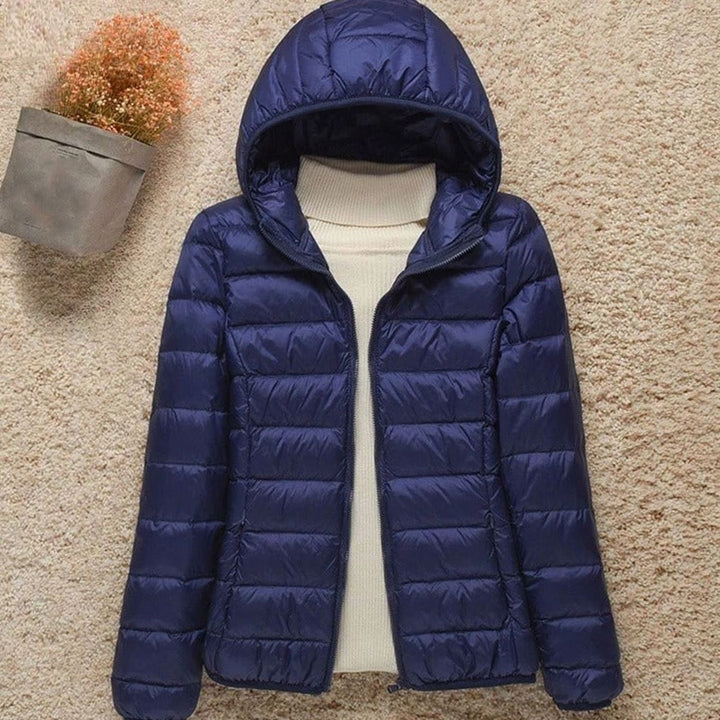 Women's Lightweight Hooded Down Puffer Jacket - Navy Blue