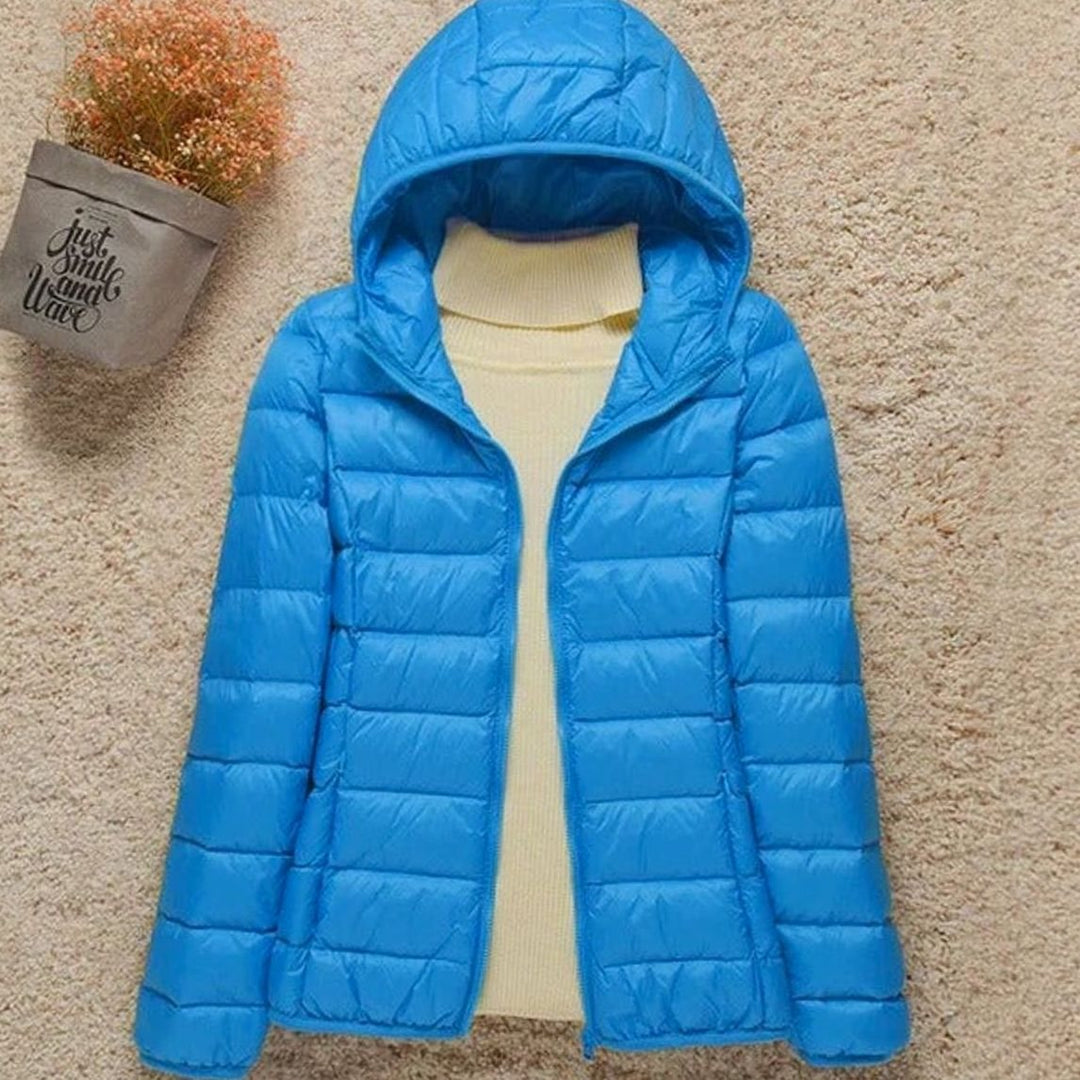 Women's Lightweight Hooded Down Puffer Jacket - Light Blue