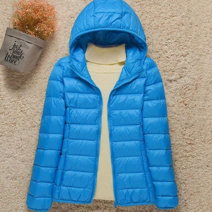 Women's Lightweight Hooded Down Puffer Jacket - Light Blue
