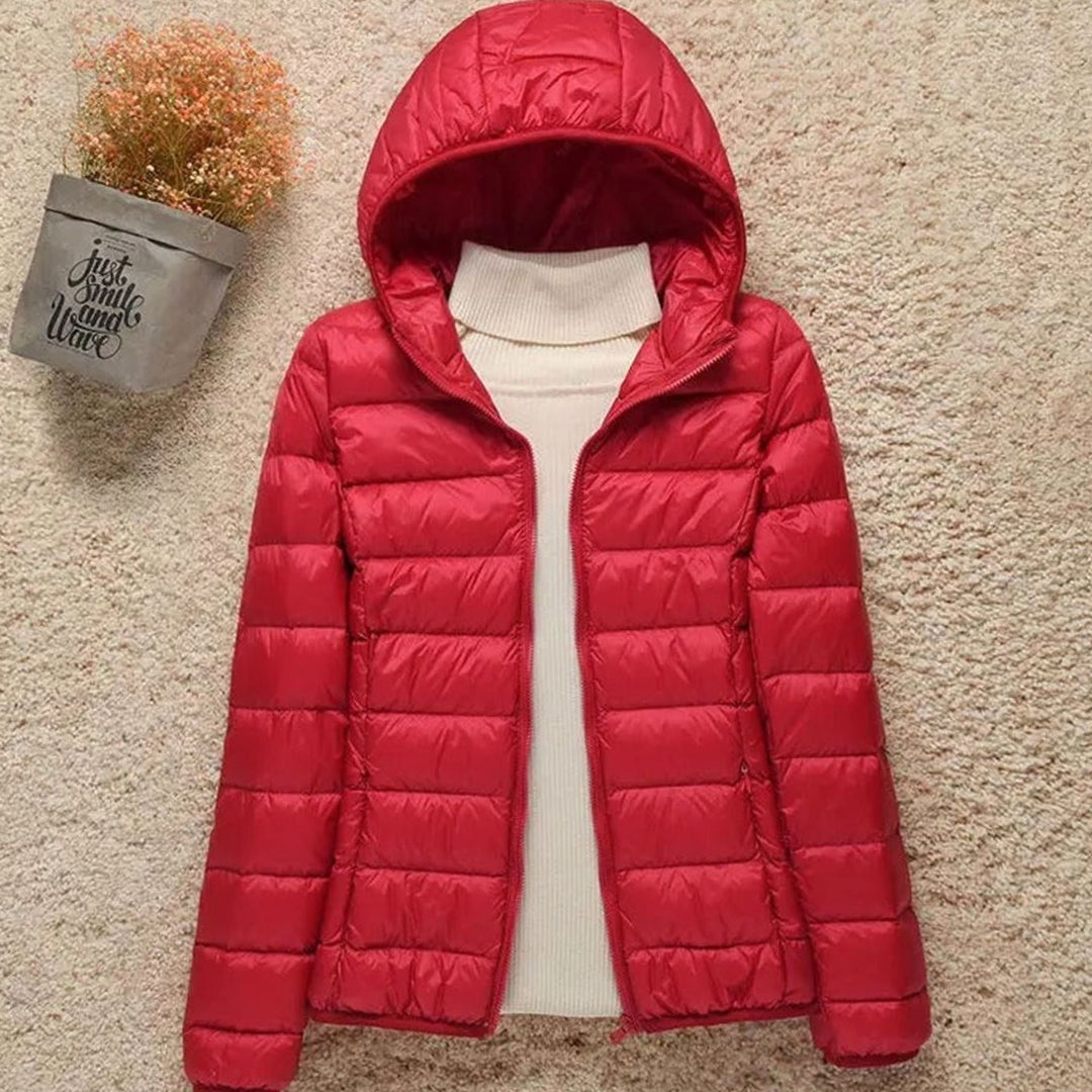Women's Lightweight Hooded Down Puffer Jacket - Red