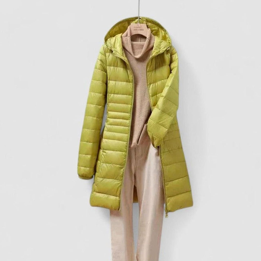 Women's Lightweight Hooded Long-Line Quilted Puffer Jacket - Yellow
