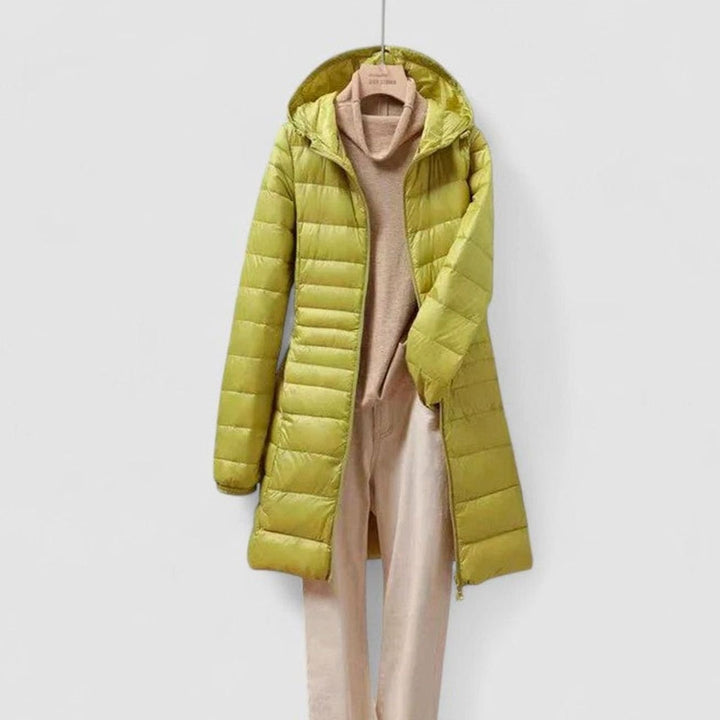 Women's Lightweight Hooded Long-Line Quilted Puffer Jacket - Yellow
