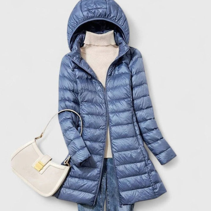 Women's Lightweight Hooded Long-Line Quilted Puffer Jacket - Blue