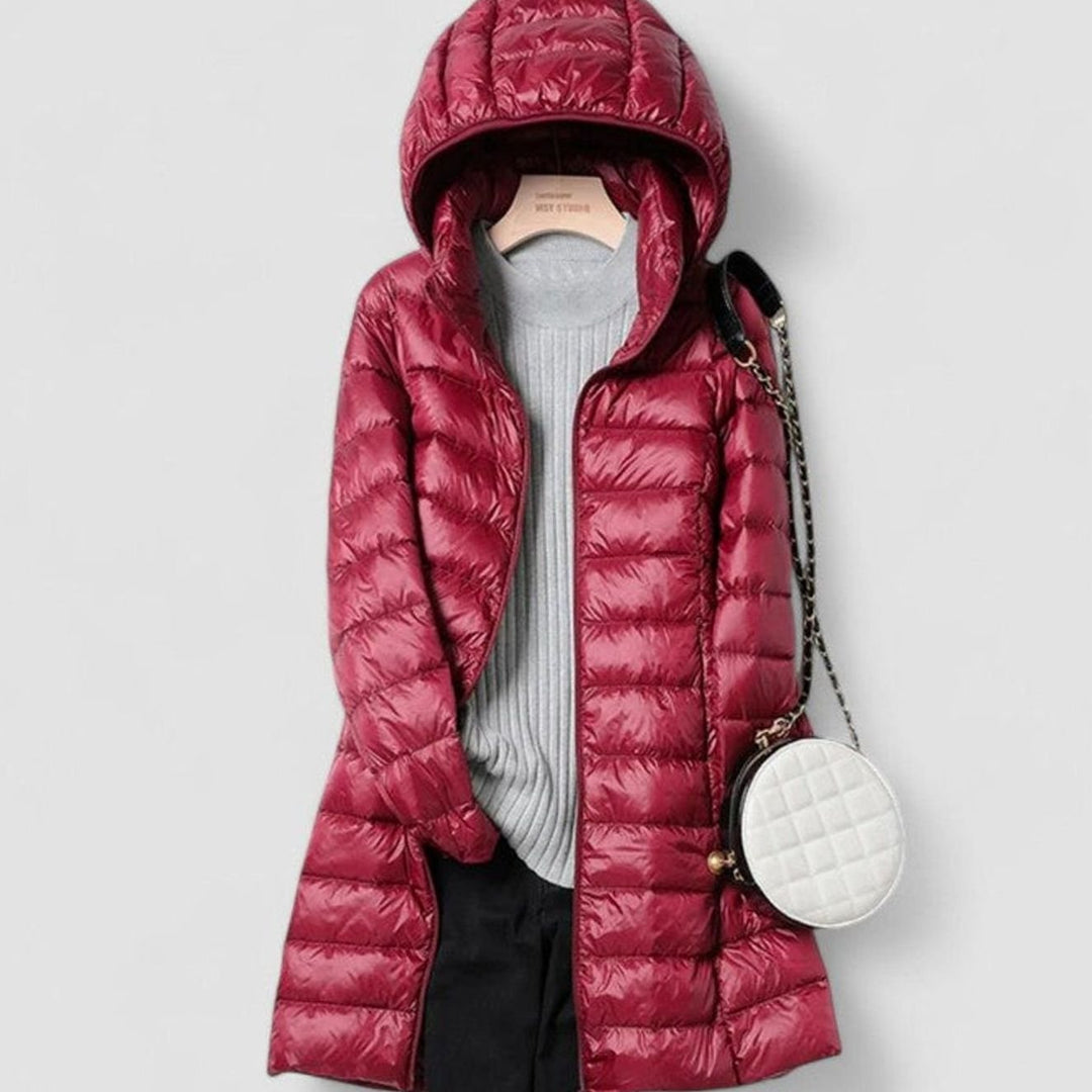 Women's Lightweight Hooded Long-Line Quilted Puffer Jacket - Burgundy