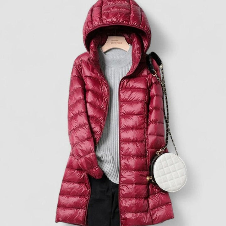 Women's Lightweight Hooded Long-Line Quilted Puffer Jacket - Burgundy