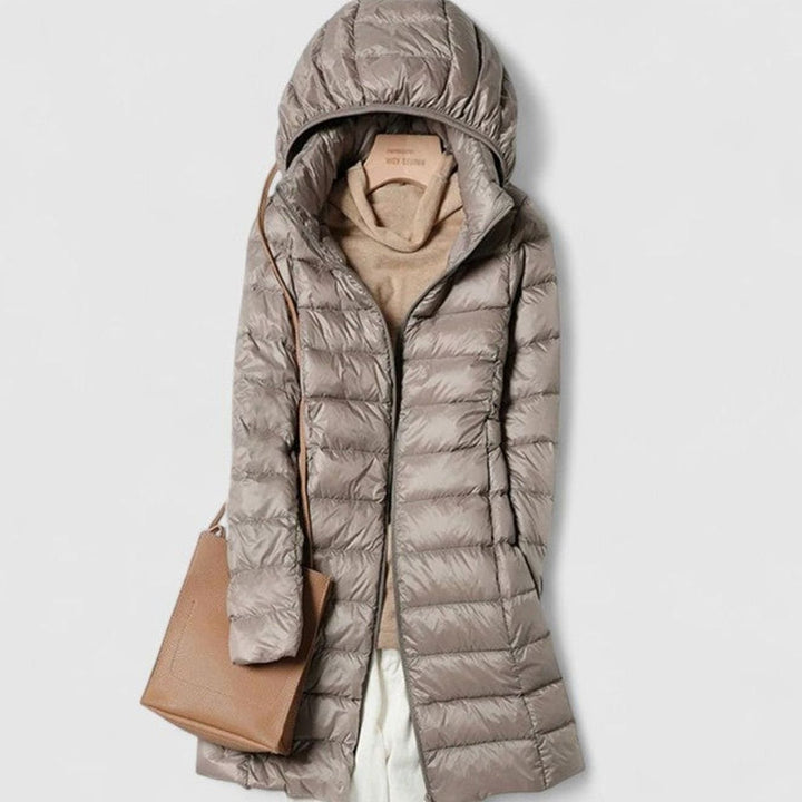Women's Lightweight Hooded Long-Line Quilted Puffer Jacket - Khaki