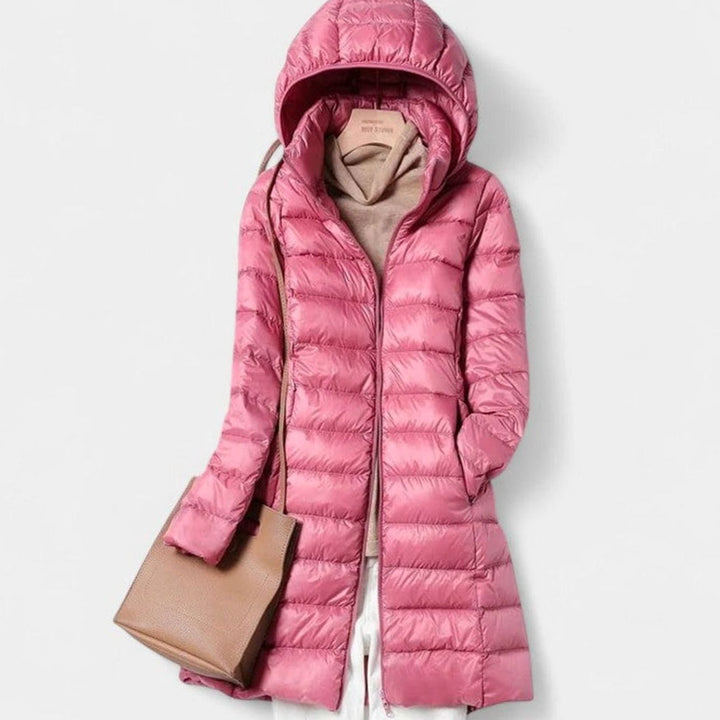 Women's Lightweight Hooded Long-Line Quilted Puffer Jacket - Pink