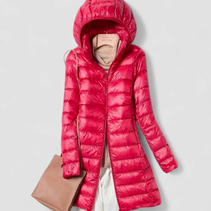 Women's Lightweight Hooded Long-Line Quilted Puffer Jacket - Red