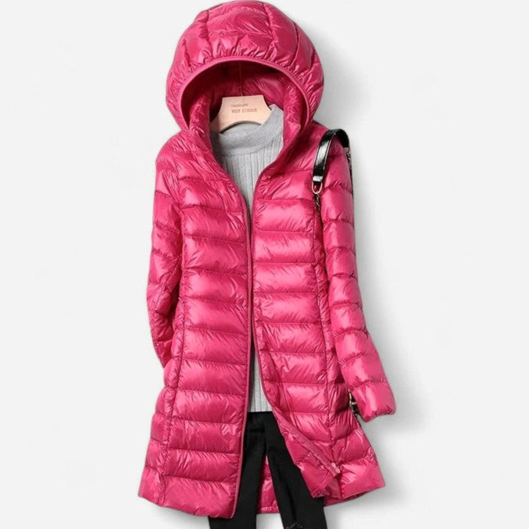 Women's Lightweight Hooded Long-Line Quilted Puffer Jacket - Fuchsia