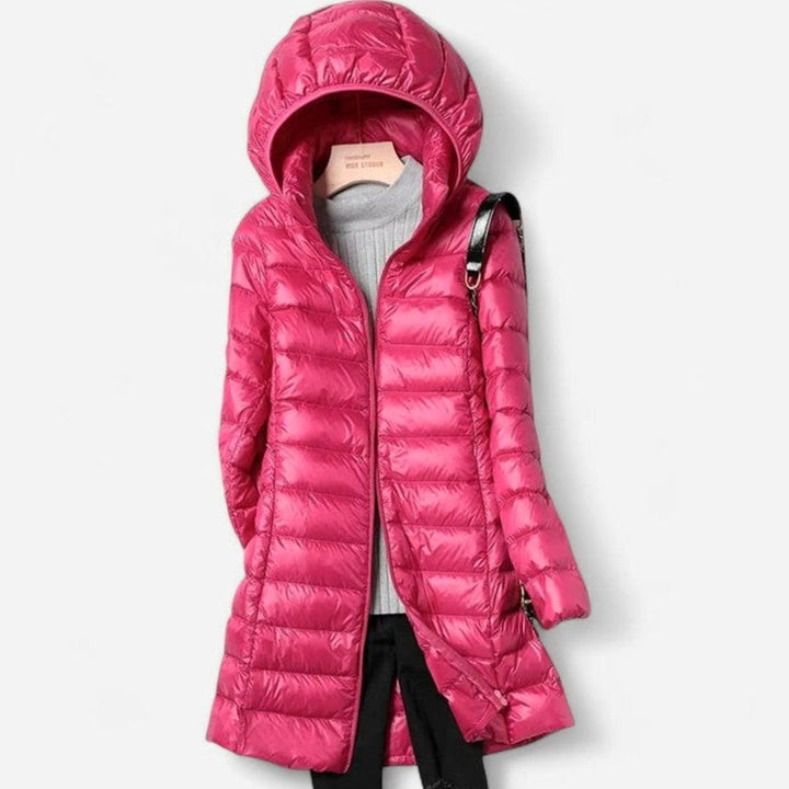 Women's Lightweight Hooded Long-Line Quilted Puffer Jacket - Fuchsia