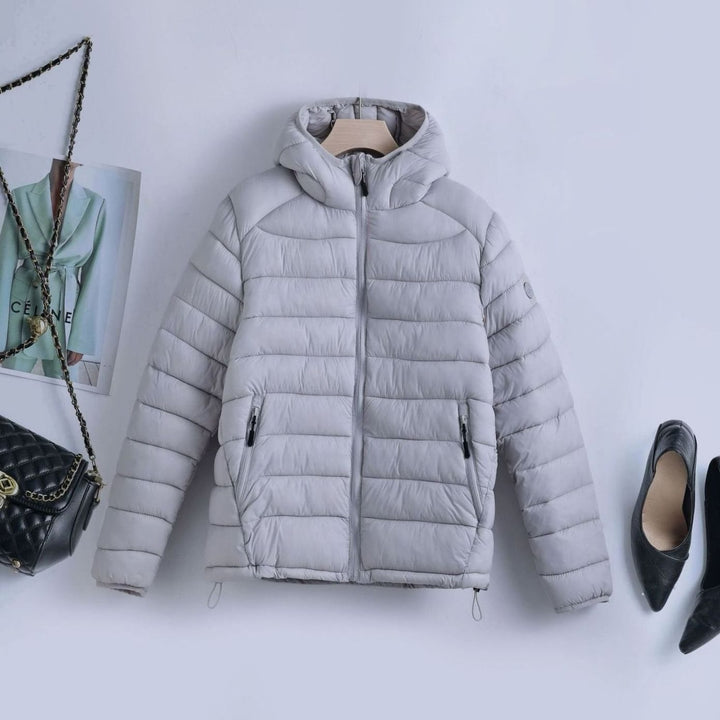 Women's Lightweight Hooded Quilted Puffer Jacket Drawstring Waist - Grey