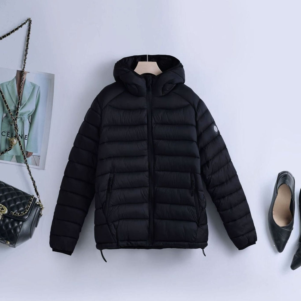 Women's Lightweight Hooded Quilted Puffer Jacket Drawstring Waist - Black