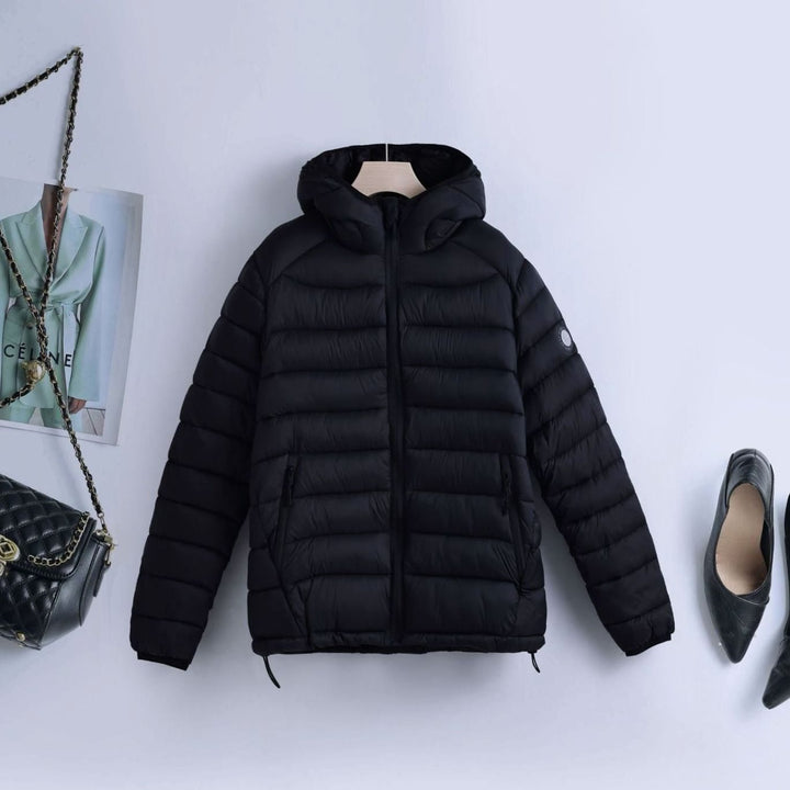 Women's Lightweight Hooded Quilted Puffer Jacket Drawstring Waist - Black