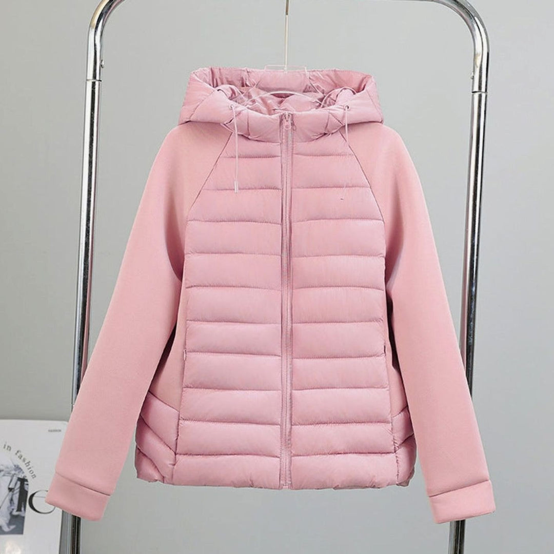 Women's Lightweight Hybrid Hooded Puffer Jacket Elastic Panel Sleeves - Pink