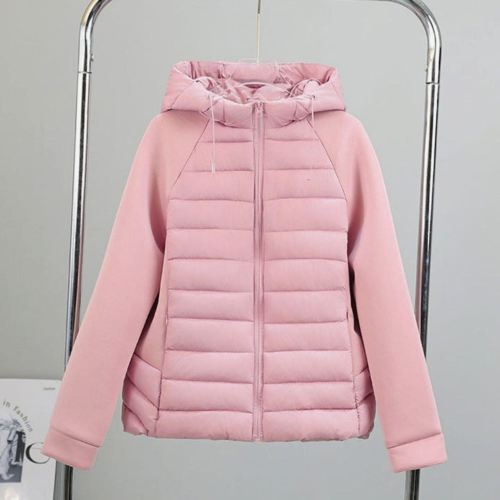 Women's Lightweight Hybrid Hooded Puffer Jacket Elastic Panel Sleeves - Pink