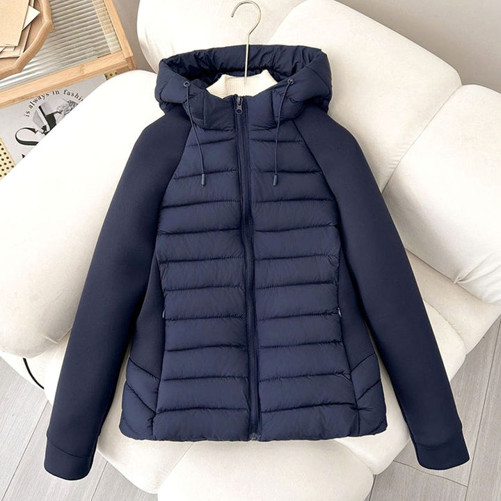 Women's Lightweight Hybrid Hooded Puffer Jacket Elastic Panel Sleeves - Navy Blue