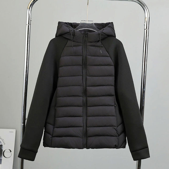Women's Lightweight Hybrid Hooded Puffer Jacket Elastic Panel Sleeves - Black