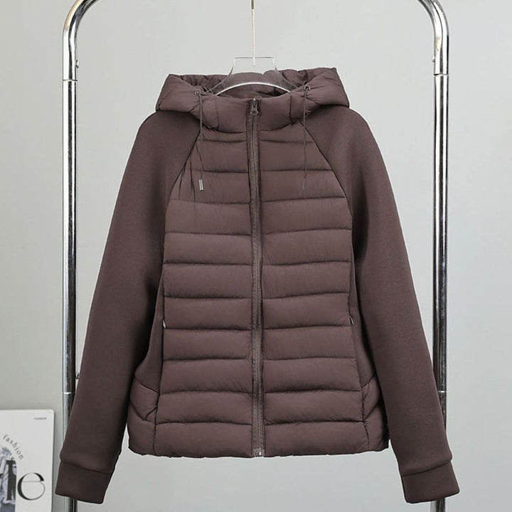 Women's Lightweight Hybrid Hooded Puffer Jacket Elastic Panel Sleeves - Brown