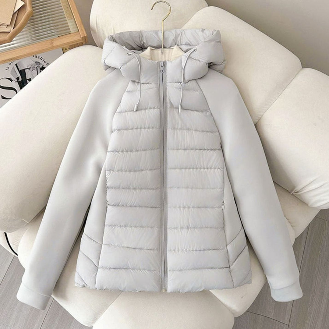 Women's Lightweight Hybrid Hooded Puffer Jacket Elastic Panel Sleeves - Light Grey