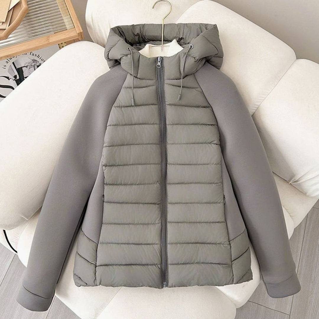 Women's Lightweight Hybrid Hooded Puffer Jacket Elastic Panel Sleeves - Grey
