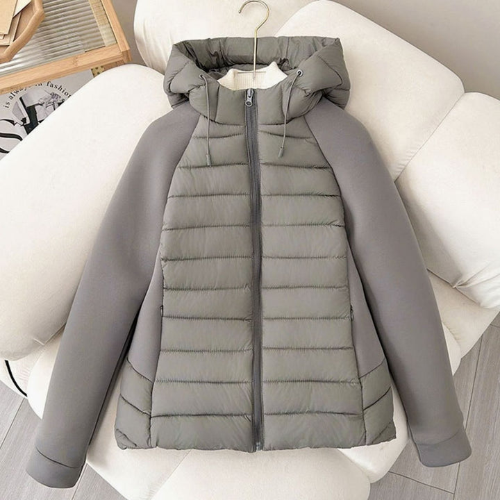 Women's Lightweight Hybrid Hooded Puffer Jacket Elastic Panel Sleeves - Grey