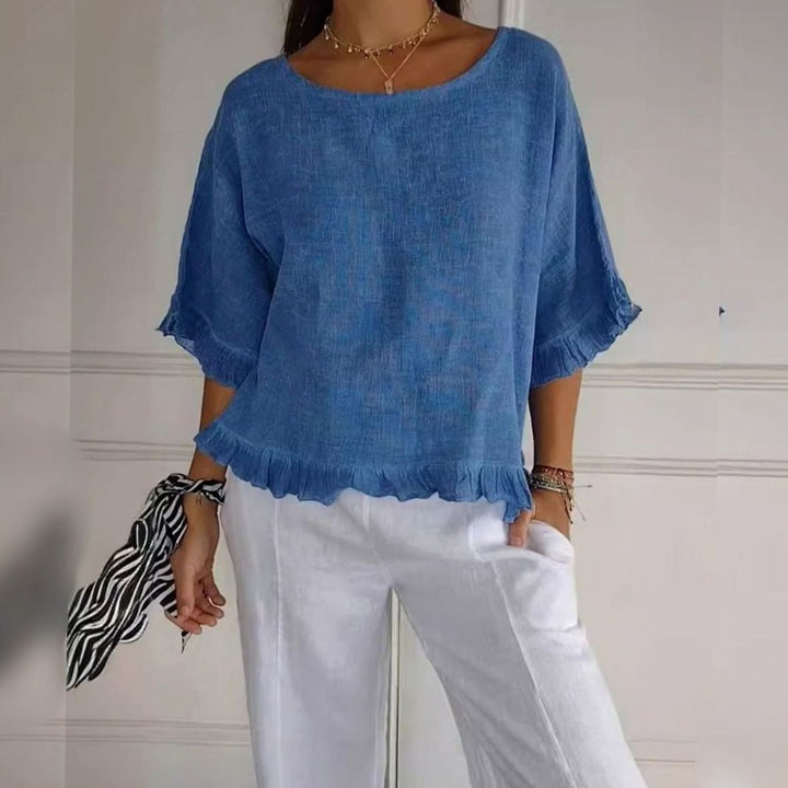 Women's Lightweight Linen Ruffle-Hem Relaxed Blouse