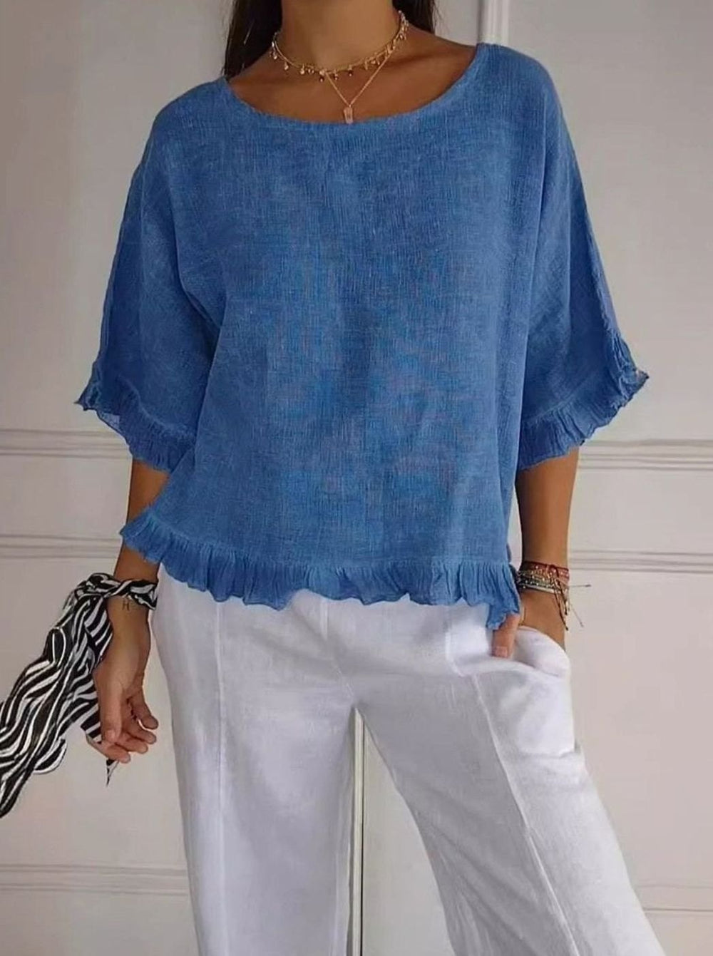 Women's Lightweight Linen Ruffle-Hem Relaxed Blouse