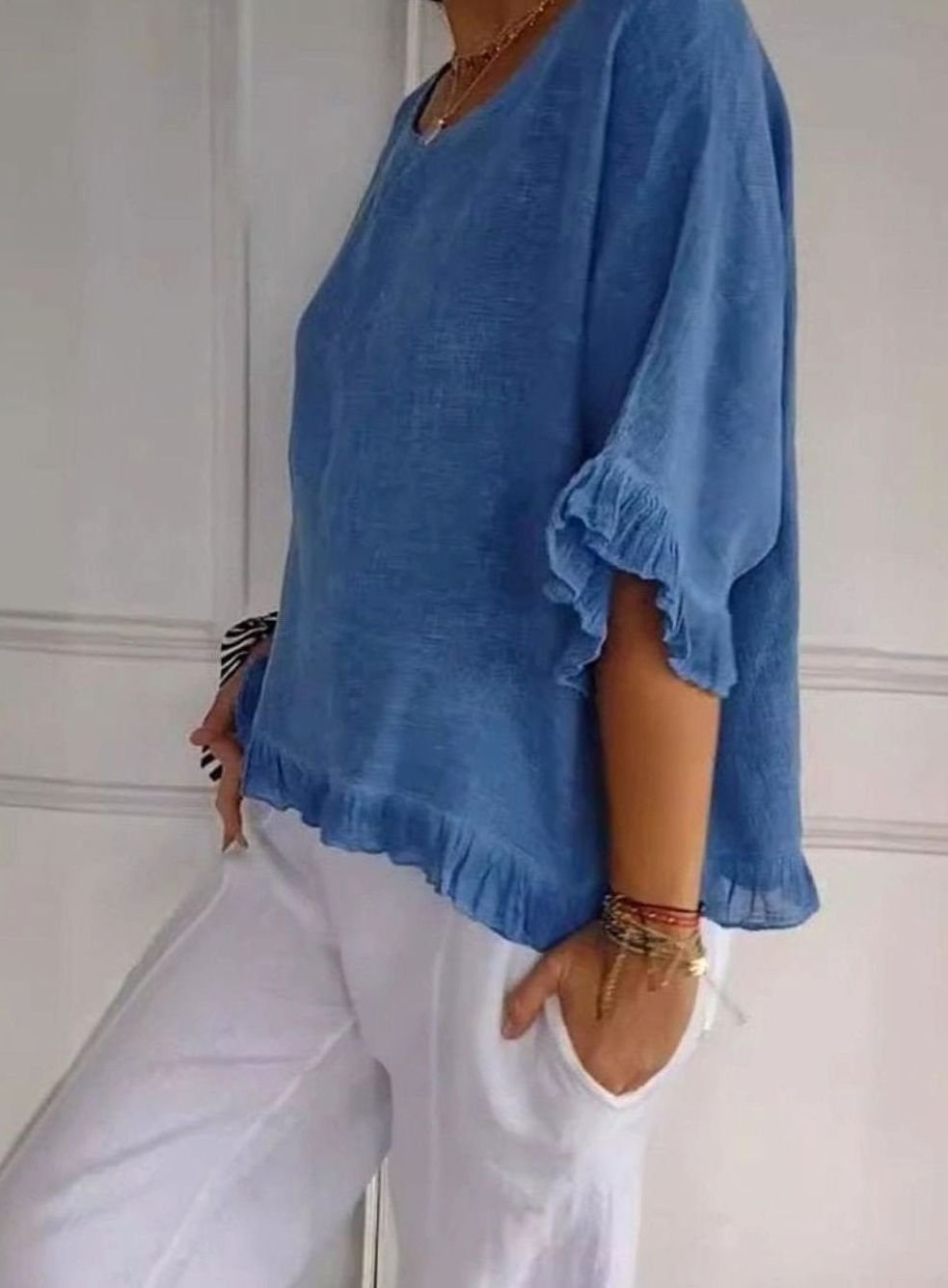 Women's Lightweight Linen Ruffle-Hem Relaxed Blouse