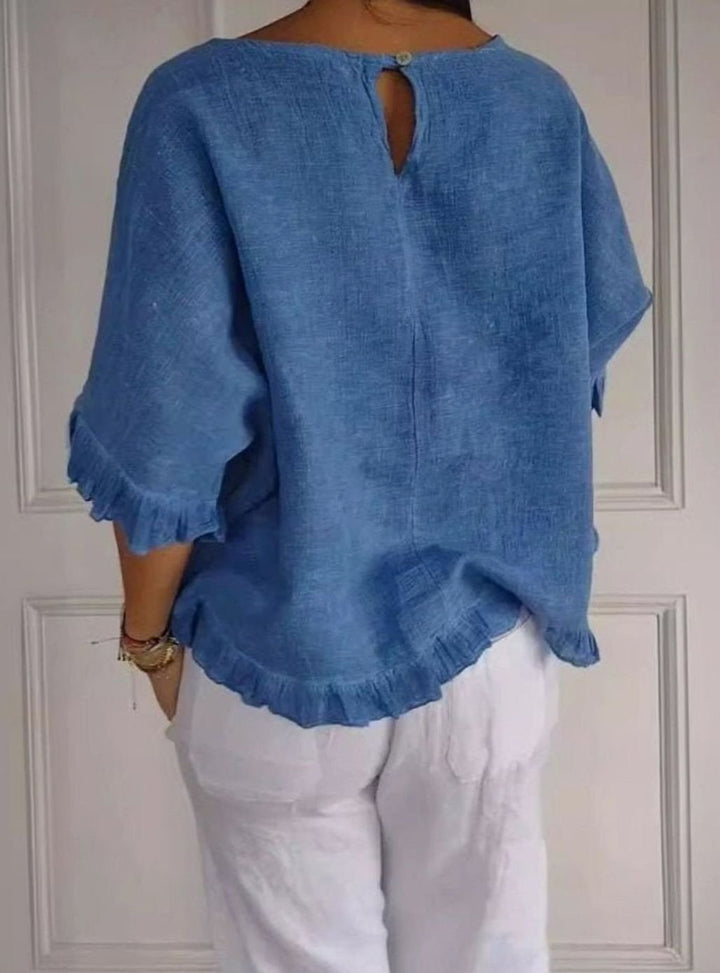 Women's Lightweight Linen Ruffle-Hem Relaxed Blouse