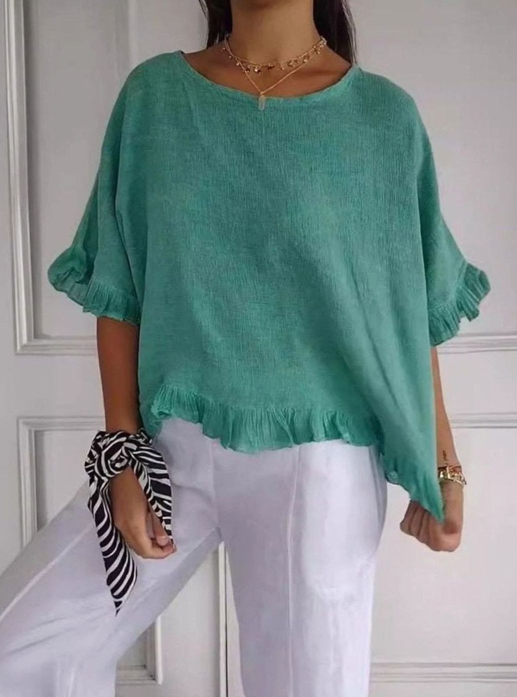 Women's Lightweight Linen Ruffle-Hem Relaxed Blouse