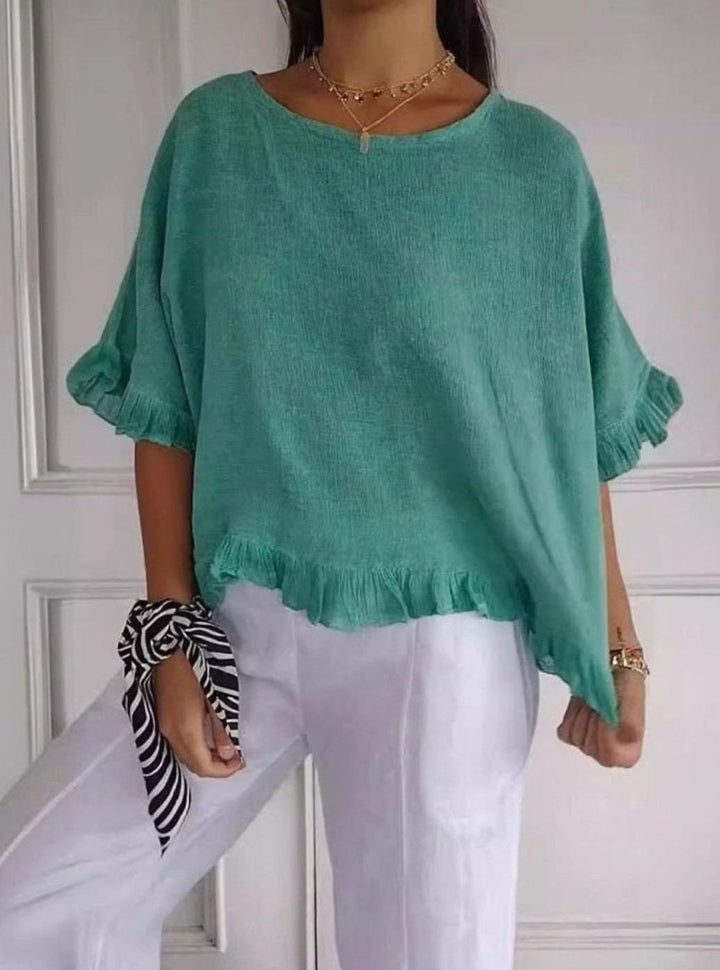 Women's Lightweight Linen Ruffle-Hem Relaxed Blouse