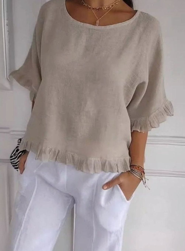 Women's Lightweight Linen Ruffle-Hem Relaxed Blouse