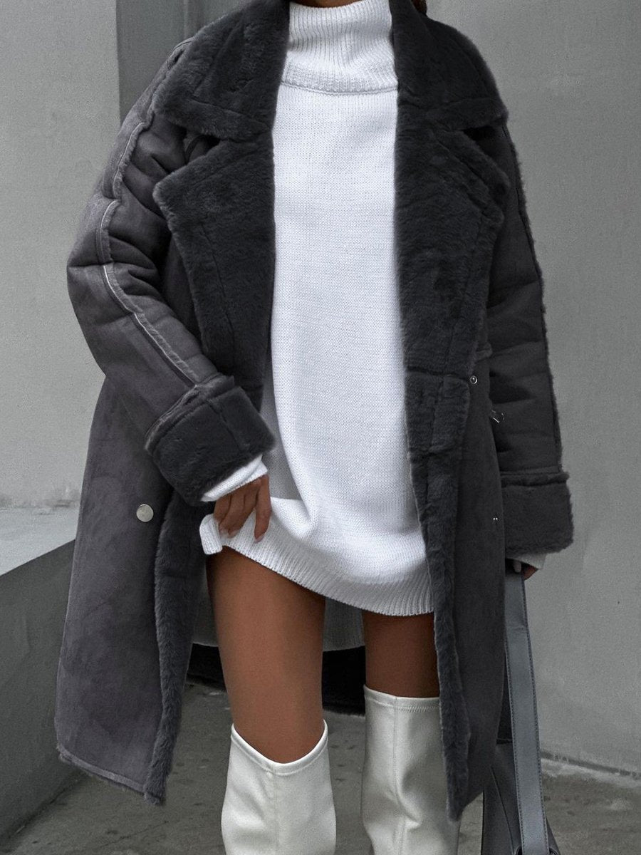 Women's Long Double-Breasted Shearling Faux Fur Coat