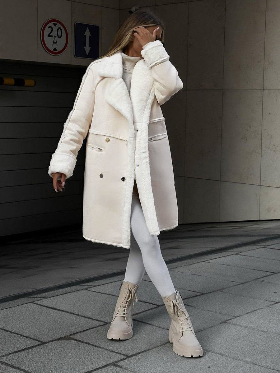 Women's Long Double-Breasted Shearling Faux Fur Coat