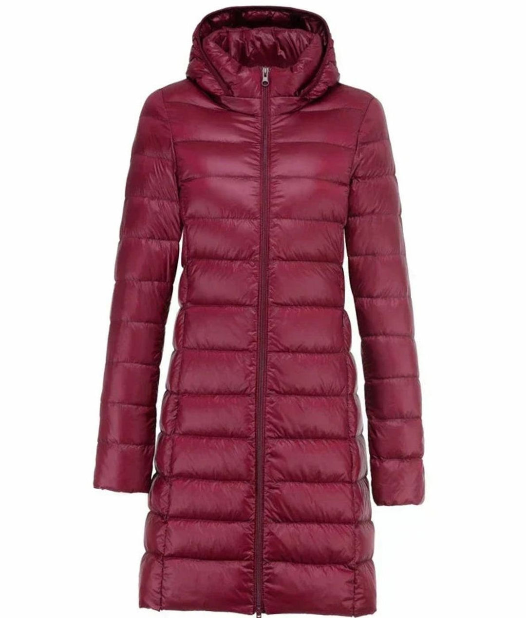 Women's Long Hooded Lightweight Quilted Puffer Jacket - Burgundy