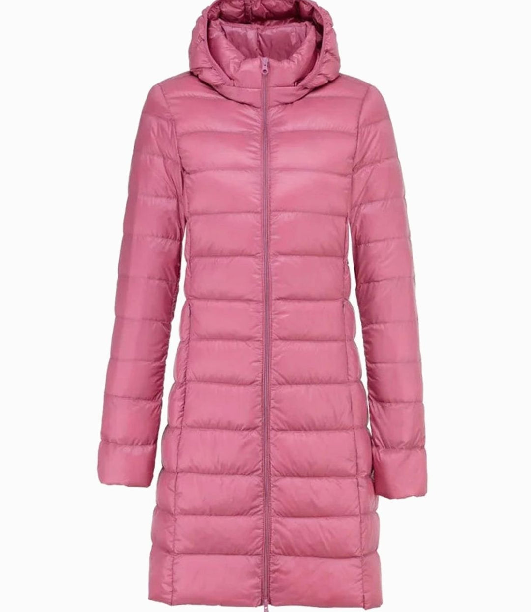 Women's Long Hooded Lightweight Quilted Puffer Jacket - Pink