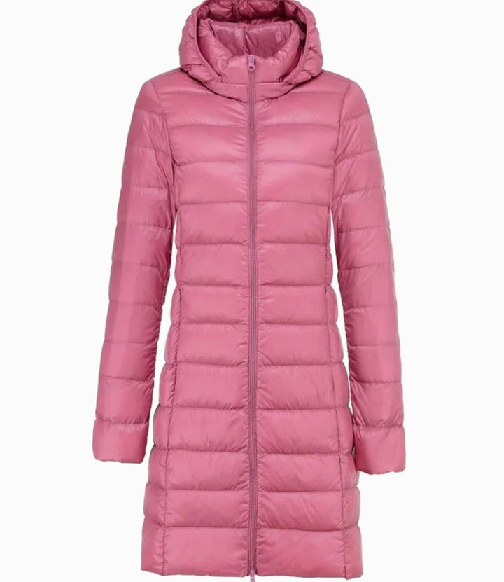 Women's Long Hooded Lightweight Quilted Puffer Jacket - Pink