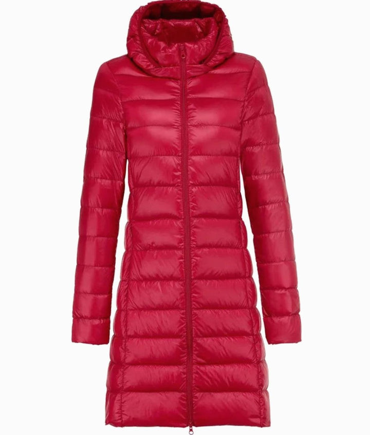 Women's Long Hooded Lightweight Quilted Puffer Jacket - Red