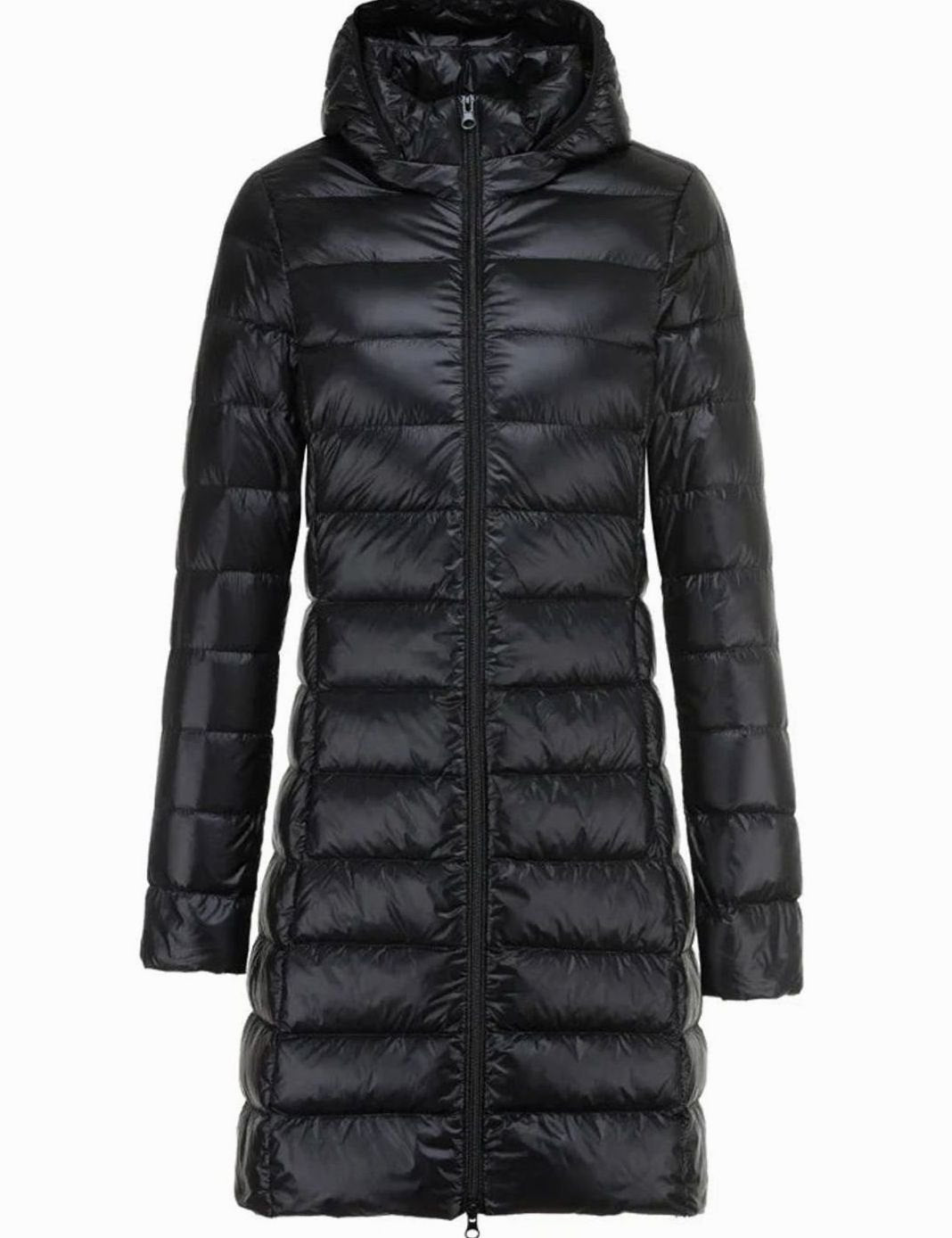 Women's Long Hooded Lightweight Quilted Puffer Jacket - Black