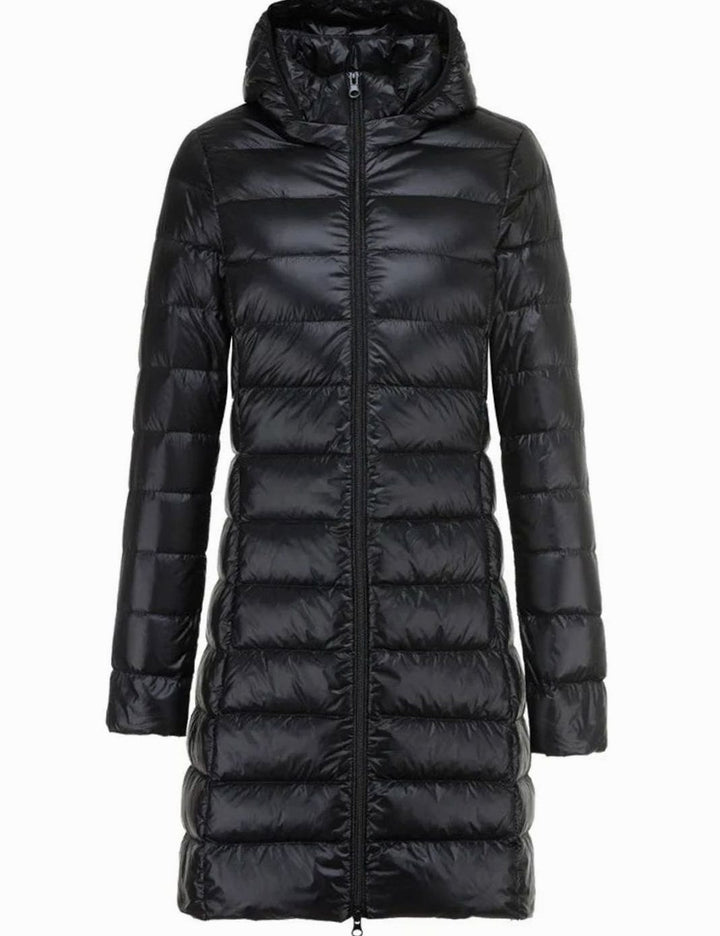 Women's Long Hooded Lightweight Quilted Puffer Jacket - Black