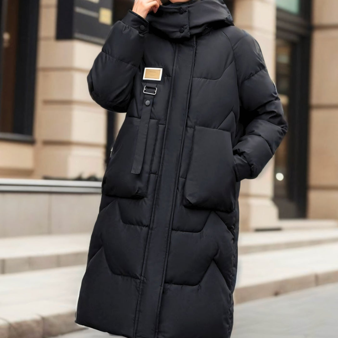 Women's Long Hooded Quilted Oversized Puffer Jacket - Black
