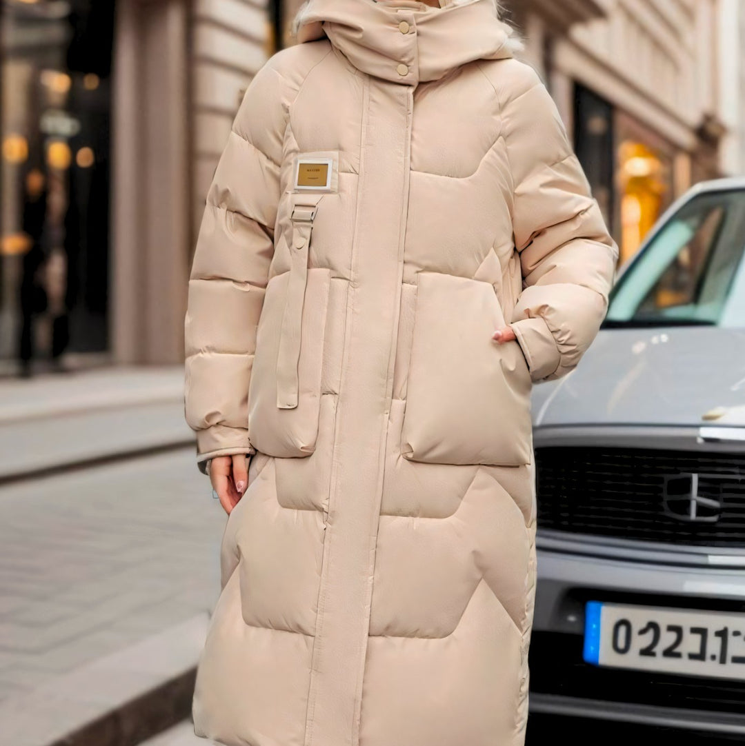 Women's Long Hooded Quilted Oversized Puffer Jacket - Khaki