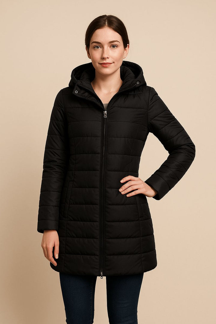 Women's Long Hooded Quilted Padded Coat Two-Way Zip - Black