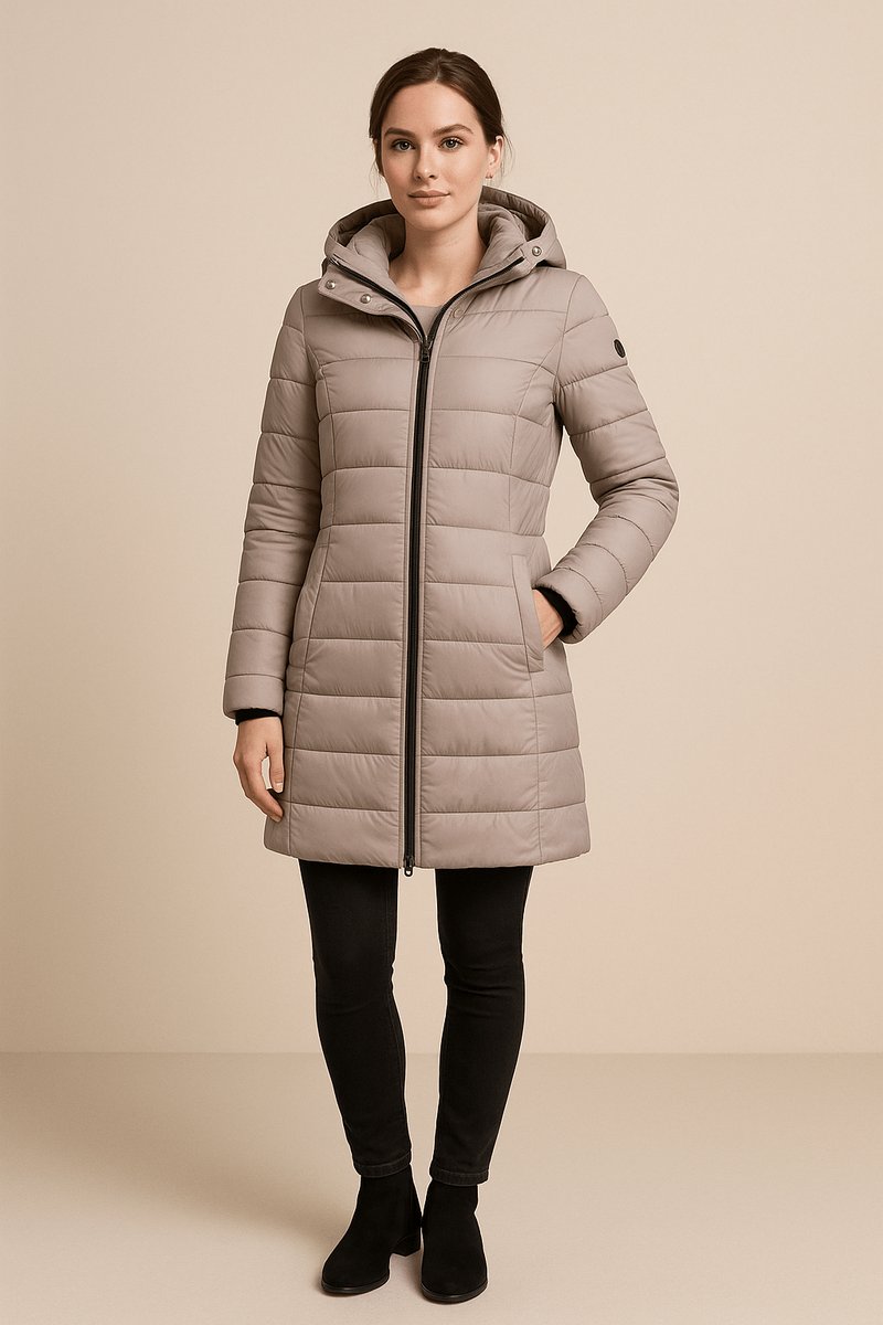 Women's Long Hooded Quilted Padded Coat Two-Way Zip - Beige